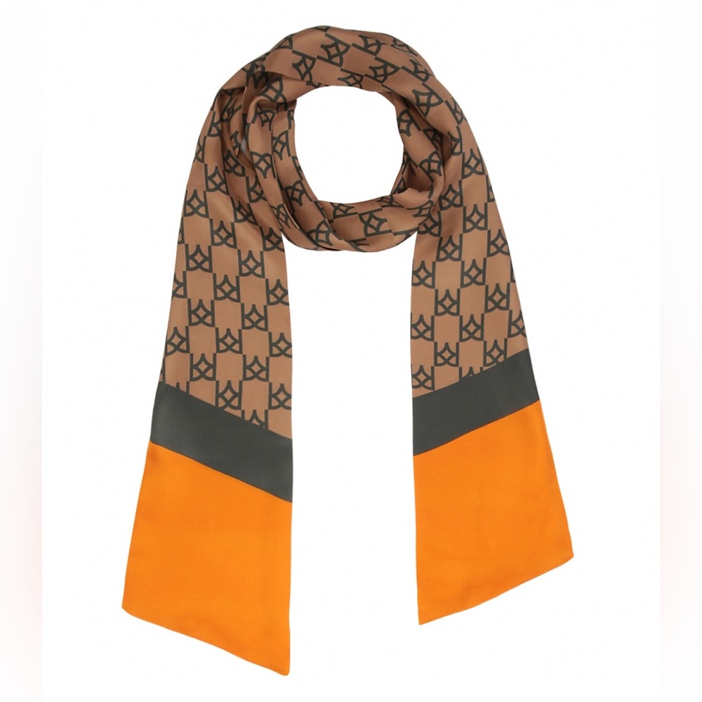 Kazar 100% Silk Monogram Luxurious Functional Unique Brown Orange Oblong Scarf
